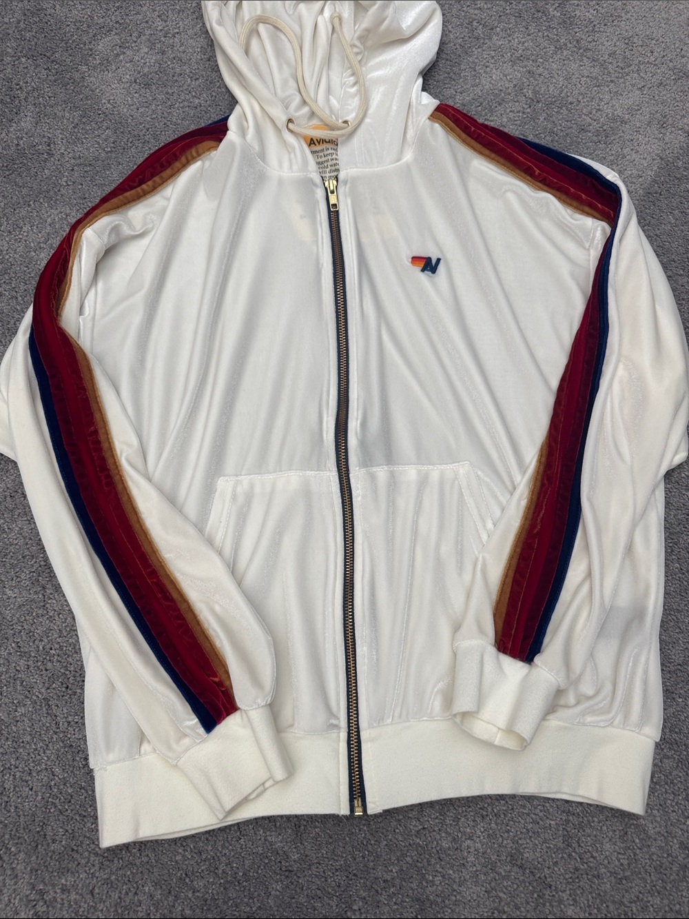 Aviator Nation CreamVelvet Zip Hoodie with Red, Blue & Gold Shoulder Stripes